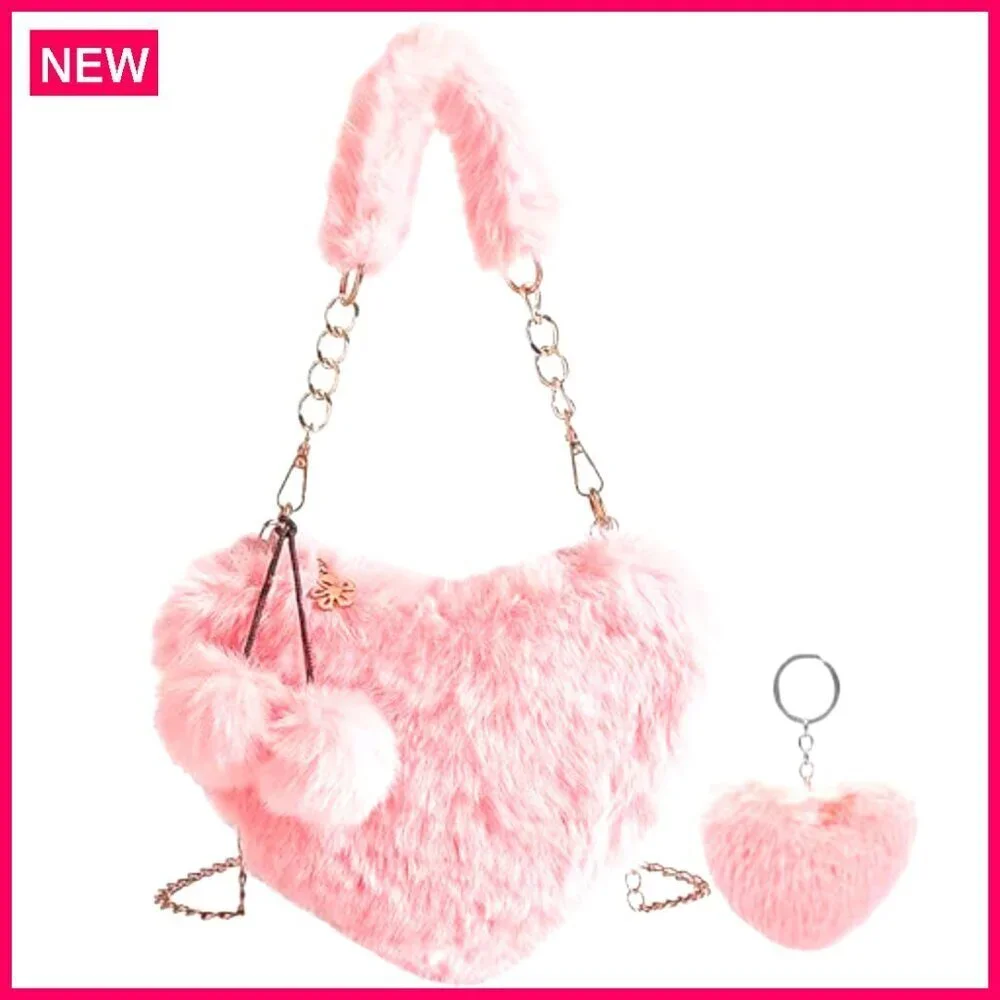 Furry Heart Shaped Crossbody Purse for Girls, 9.2x8 Inches, Soft Faux Fur